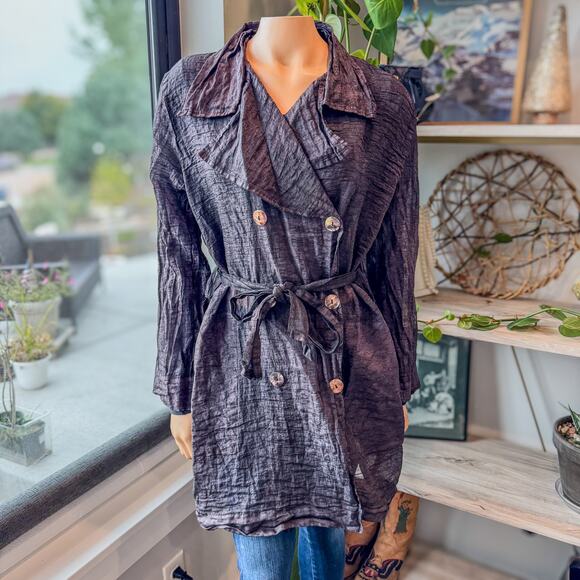 Cut Loose, Sheer Wrinkle Linen Silk Blend Trench Coat Brown w/ Gold Sheen-Medium - Picture 5 of 10